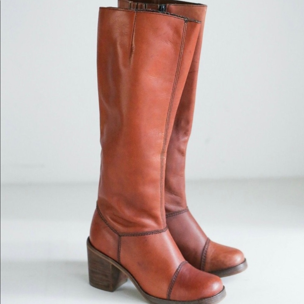Vintage Handmade 60’s 70’s All Leather Cognac Brown Tall Block Heel Boots 6B